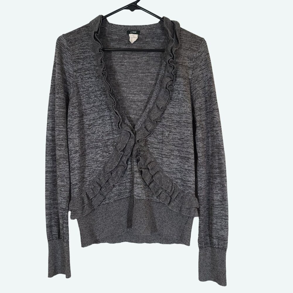 J Crew Heather Gray Ruffle V-Neck Button‎ Front Traversa Cardigan Alpaca Wool L